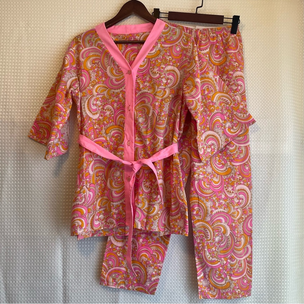 Vintage 60s Tom Girl Pink Orange Psychedelic Paisley Mod Pajama Set Kimono S/M
